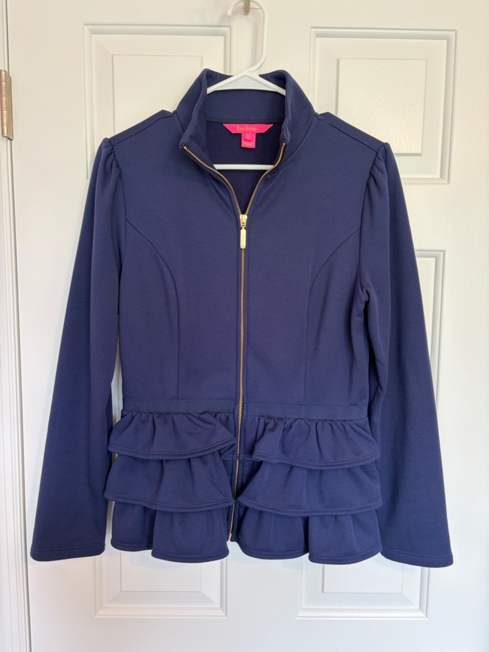 Lilly Pulitzer Azela Navy Ruffle Zip-Up Sweatshirt Jacket Gold Hardware Sz Small
